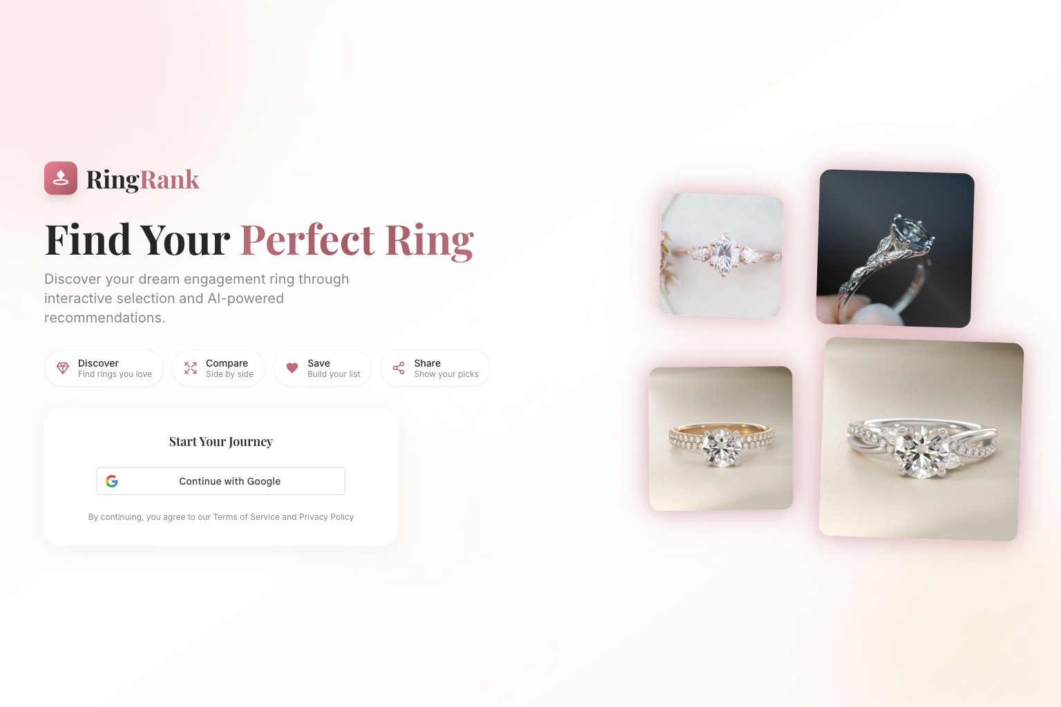 RingRank interface showing engagement ring selection with four ring options