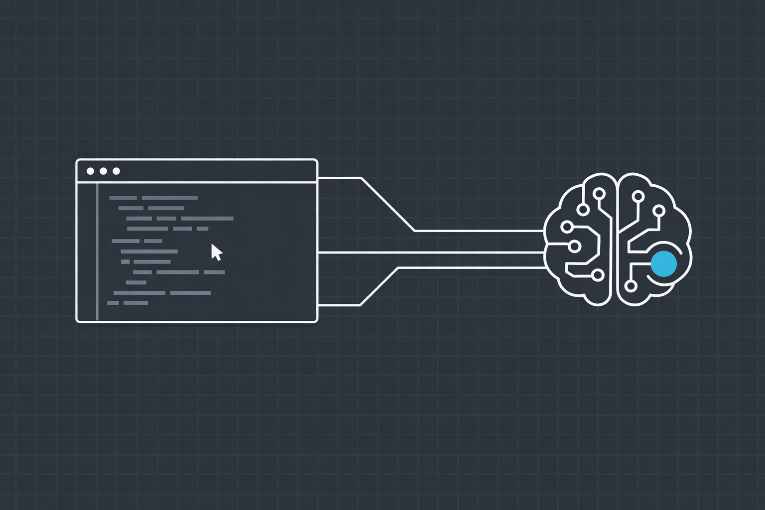 Technical illustration of a code editor connected to an AI circuit diagram