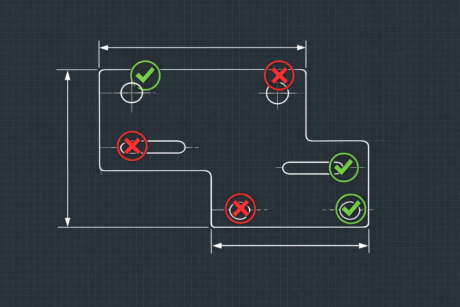 Technical drawing with quality check overlay showing checkmarks and warnings