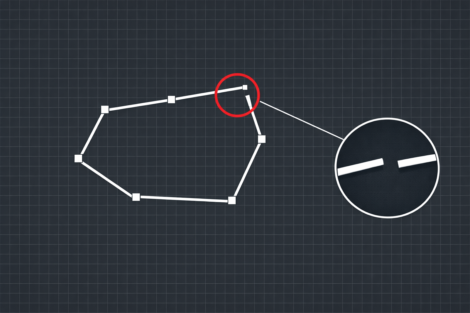 CAD polyline boundary with a gap at one vertex highlighted by a magnifier