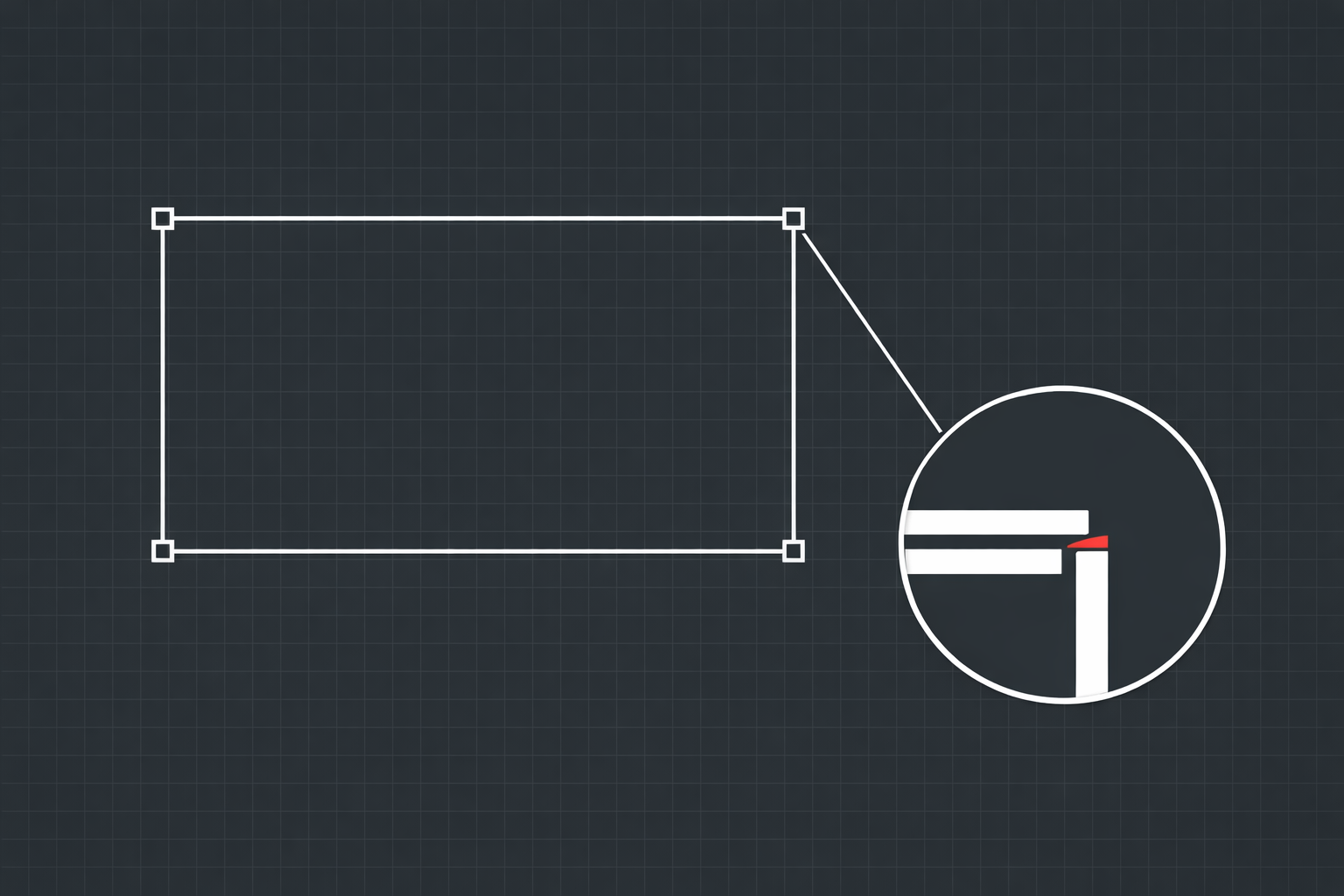 Magnifying glass revealing a microscopic gap between two line endpoints in a CAD drawing