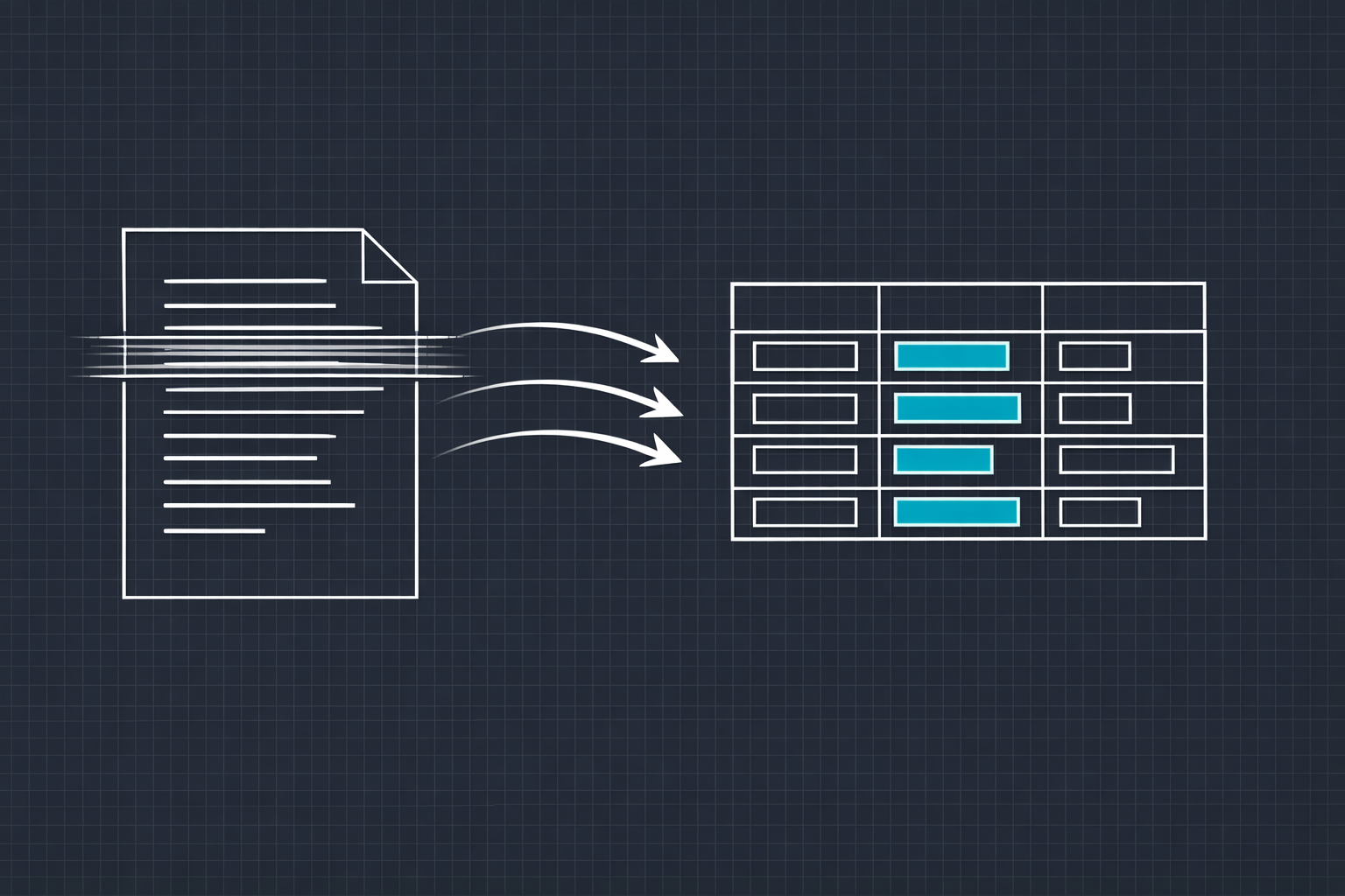 Technical illustration of documents being scanned and parsed into structured data fields