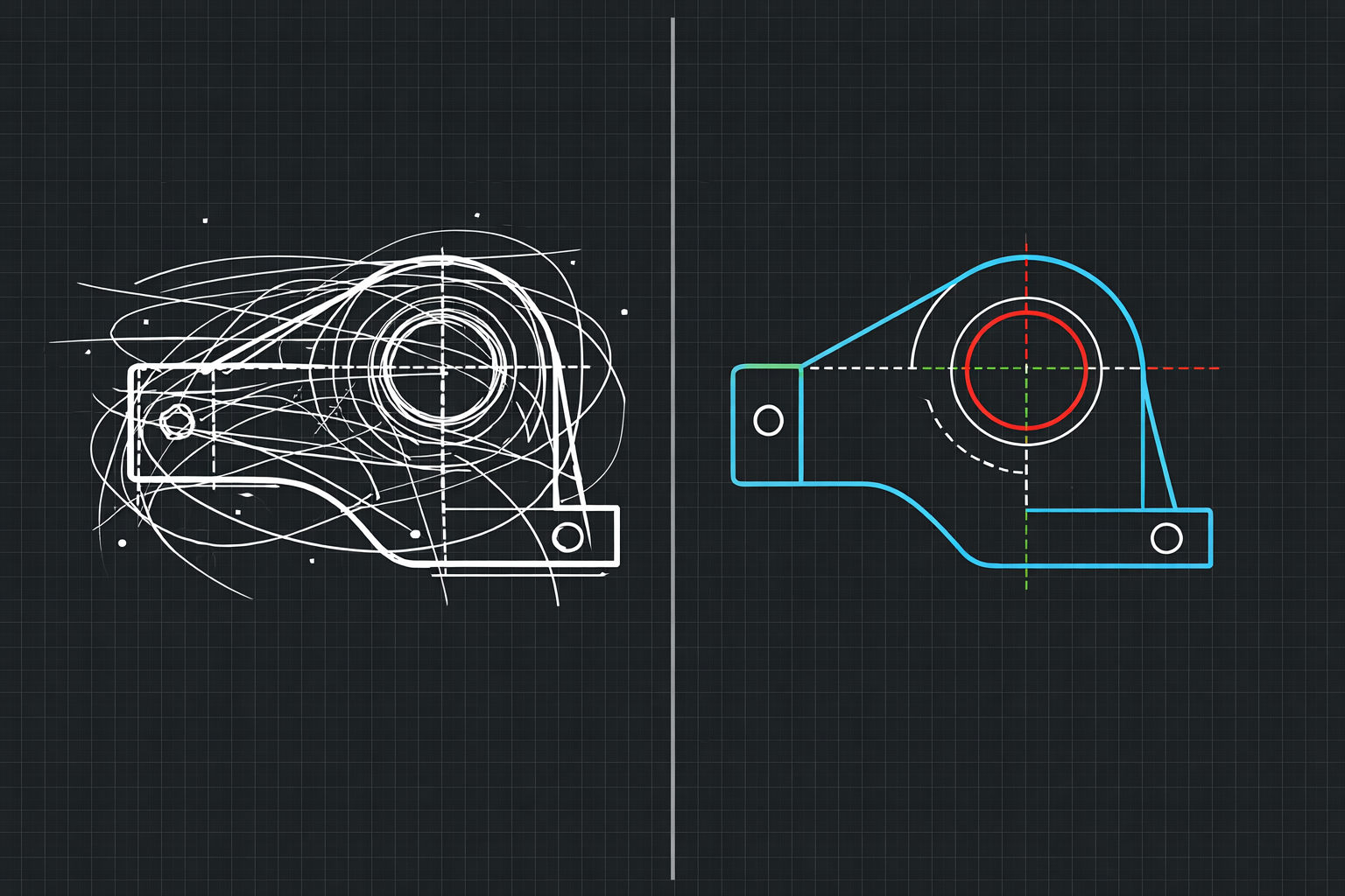 Before and after comparison of a messy vendor drawing versus a clean normalized drawing