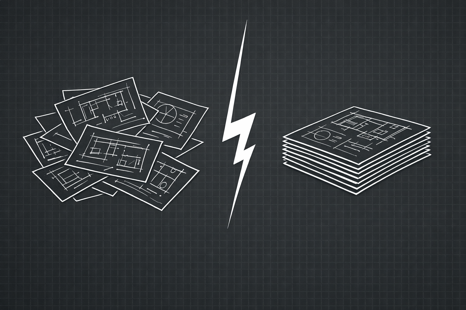 Split comparison of manual drafting versus automated digital sheet generation