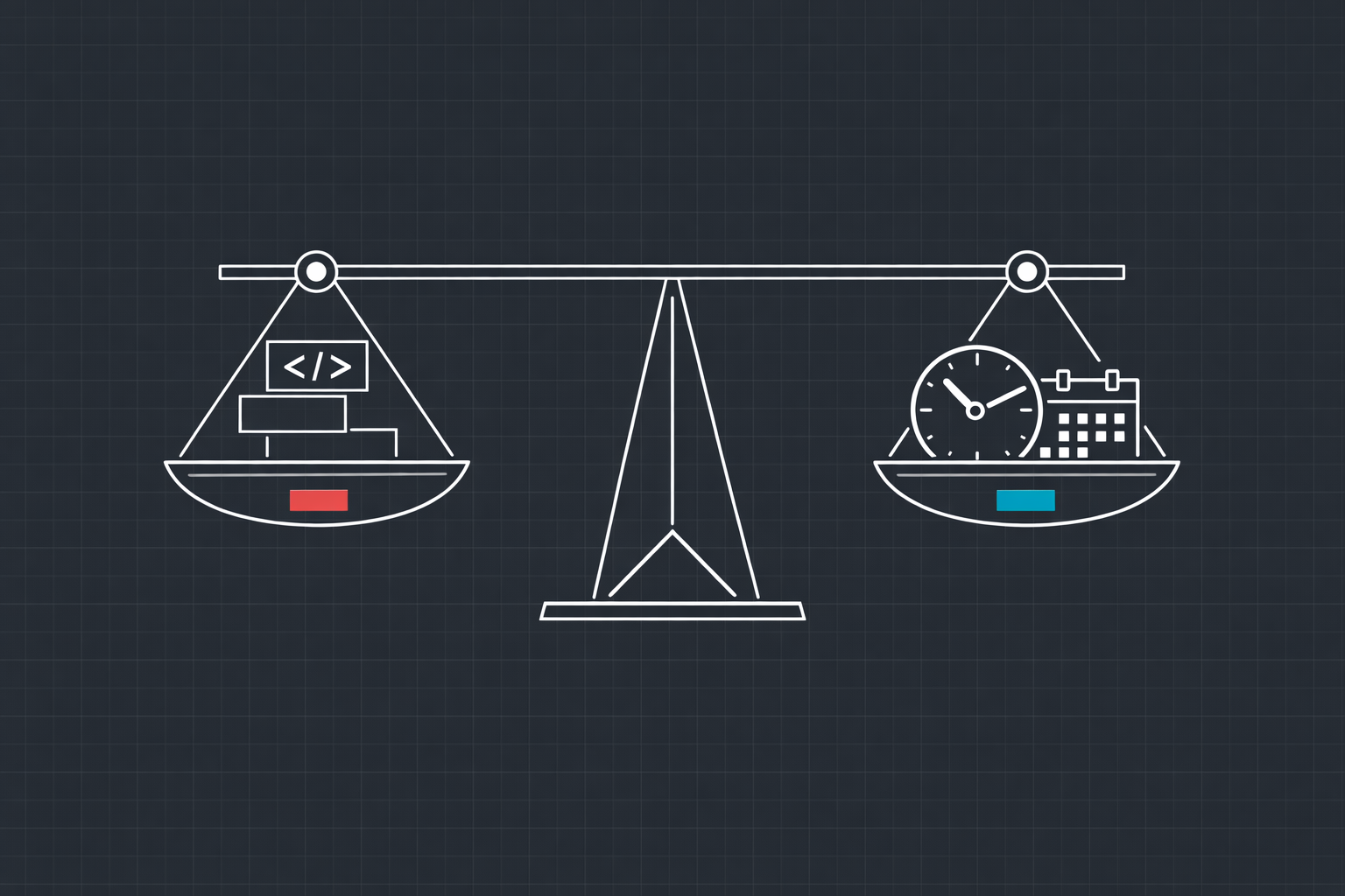 Technical illustration of a balance scale weighing code quality against development velocity