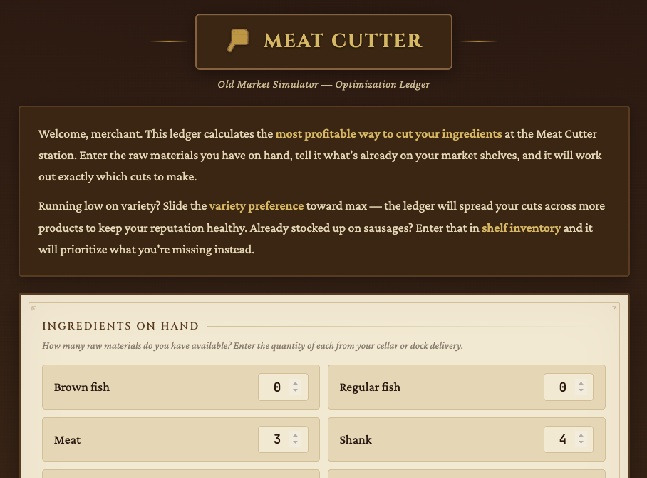 Meat Cutter Optimizer — Old Market Simulator showing ingredient inputs and optimal cut calculations