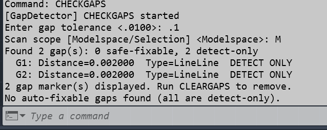 CHECKGAPS command output showing detected gaps