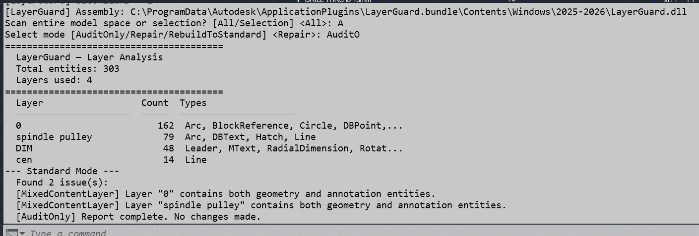 LayerGuard audit output showing 2 issues found