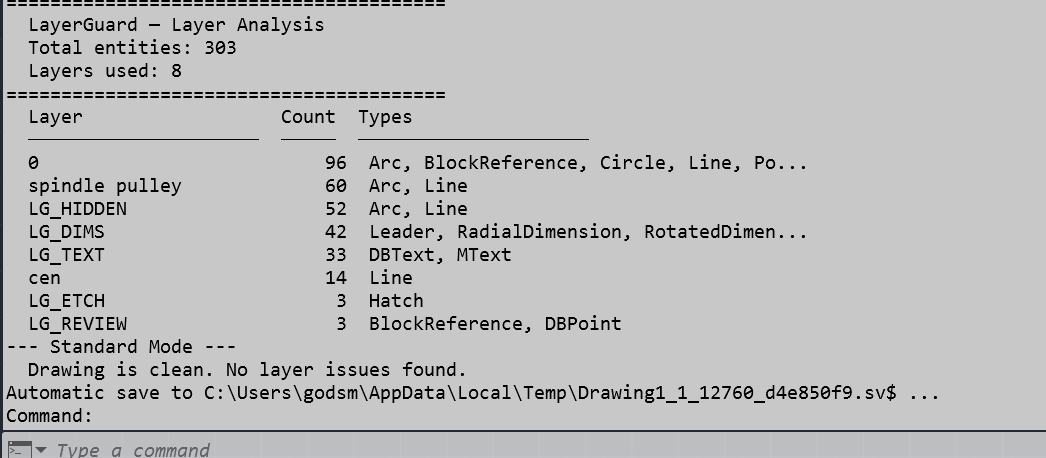 LayerGuard rebuild output showing clean drawing with no issues